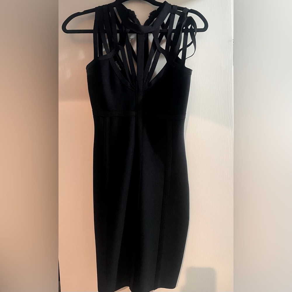Bebe Black Asymmetrical Backless Sheath Dress